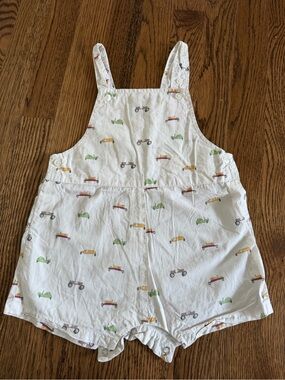 White Toddler Car-Print Cotton Shortall Romper